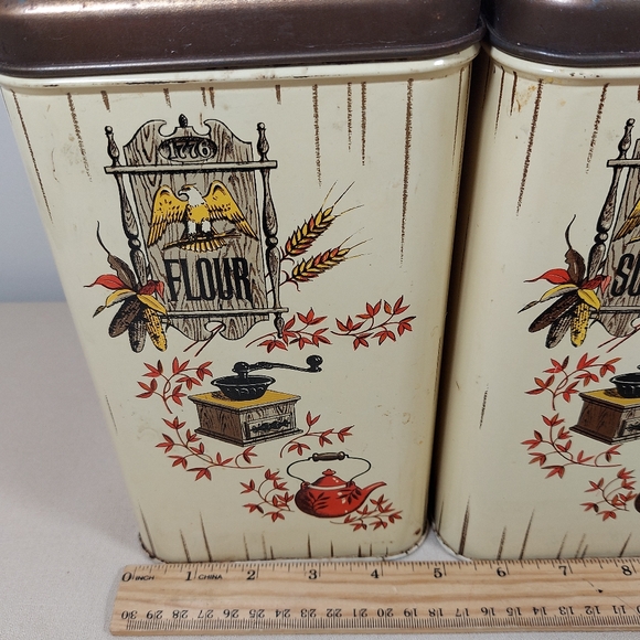 Cheinco Tin Canisters Labeled Flour Sugar Coffee Tea Bicentennial Set 1776 Eagle - Picture 8 of 16